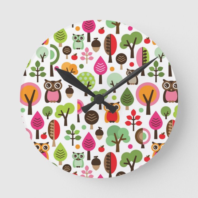 Rosa-Blätterwald-Retro-Eule-Muster Runde Wanduhr (Vorderseite)