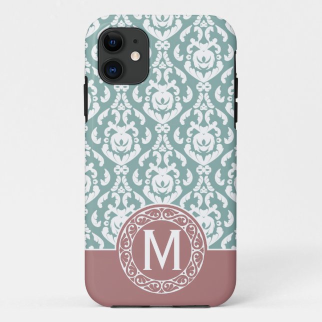 Rosa Blau Damast Monogramm Case-Mate iPhone Hülle (Rückseite)