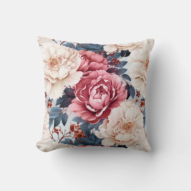Rosa Blau elegante Blumenmuster Rose Kissen (Vorderseite)