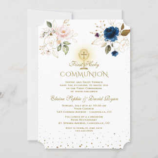 Rosa Blau Floral Gold Twins Erste Kommunion Einladung
