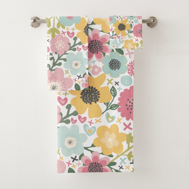Rosa Blau Gelbe Blumen Modernes Blumenstrauß Badet Badhandtuch Set (Insitu)