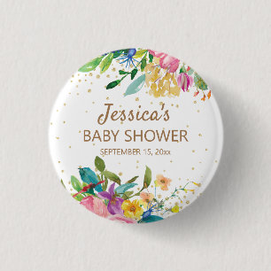 Rosa Blau Gelbe Florale Gold Glitter Baby Shower Button