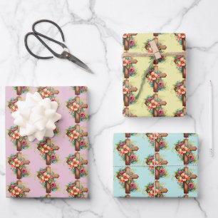 Rosa Blau Gelbe Holzkreuz Blumen Ostern Geschenkpapier Set