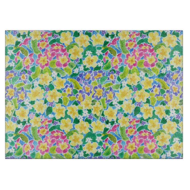 Rosa, blau, gelbe Primrosen - Glasschneidplatte Schneidebrett (Vorderseite)