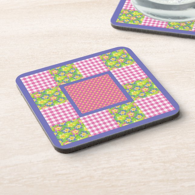 Rosa, Blau, Gelbe Primrosen, Polka Dots, Gingham Untersetzer (Linke Seite)