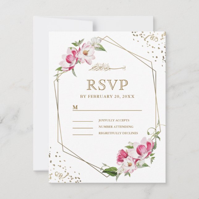 Rosa Blau Geometric Gold Rahmen Islamische Hochzei RSVP Karte (Vorderseite)
