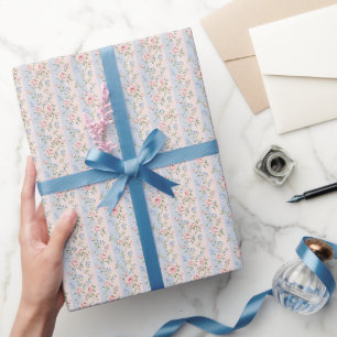 Rosa Blau Gestreifte Blumenrosen Grandmillennial  Geschenkpapier