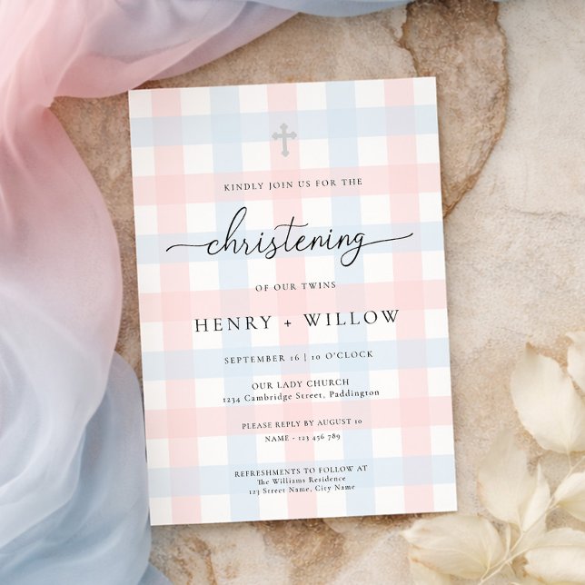 Rosa Blau Gingham Taufkleidchen Einladung (Von Creator hochgeladen)