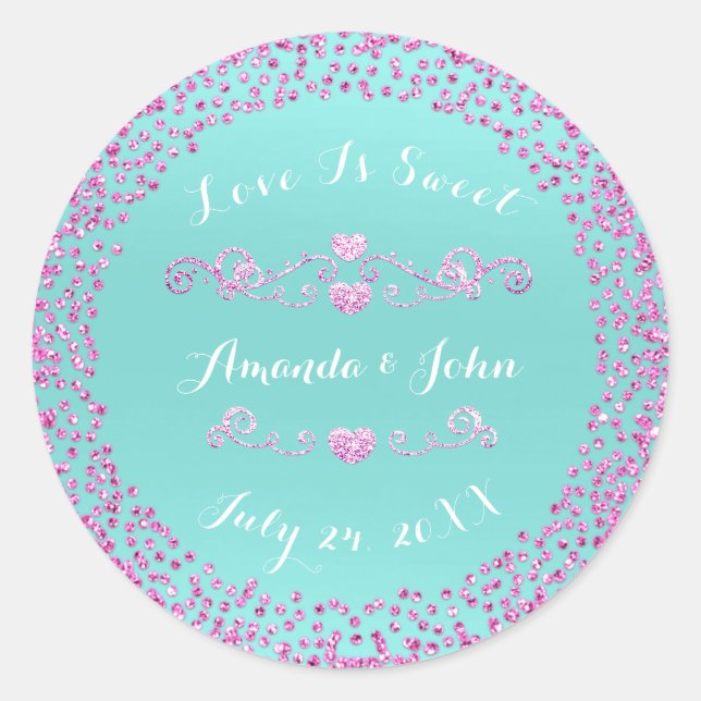 Rosa Blau Glitzer Save the Date Liebe ist süß Runder Aufkleber (Vorderseite)