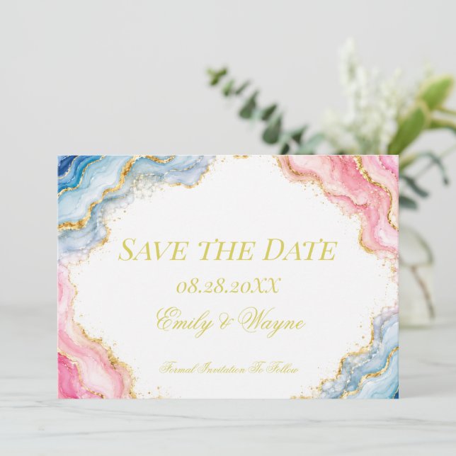 Rosa Blau Gold Achat Hochzeit Save The Date (Stehend Vorderseite)