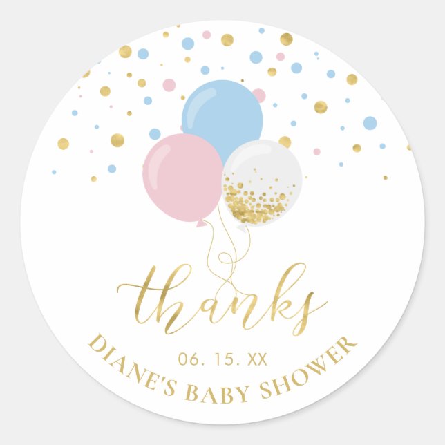 Rosa, Blau & Gold Balloons Baby Dusche Gefallen Runder Aufkleber (Vorderseite)
