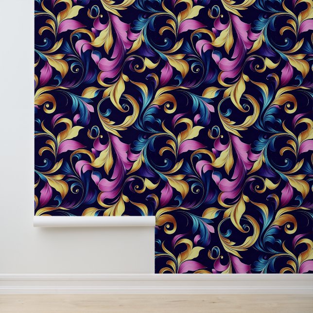 Rosa, Blau, Gold, Leaf-Swirbel Tapete (Anwendung)