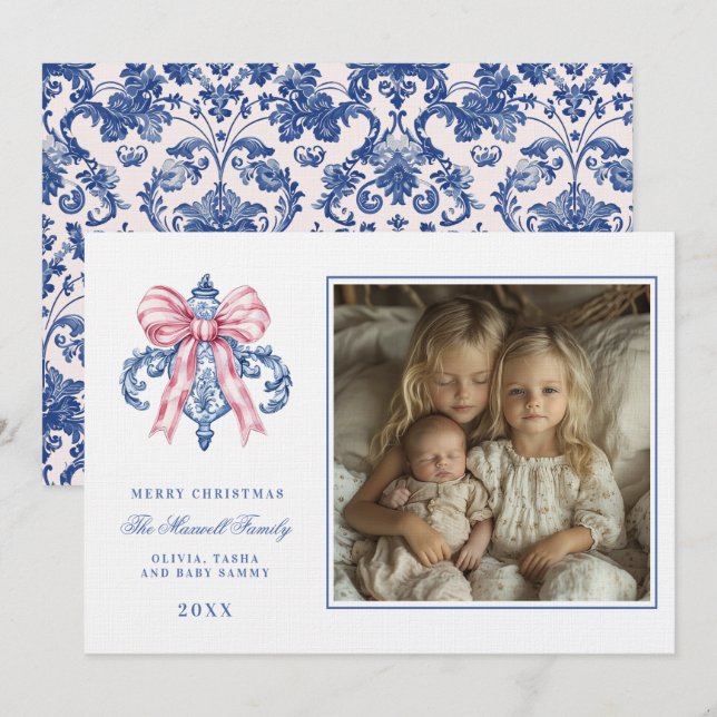 Rosa & Blau Grandmillennial Damask Foto Einladung (Vorne/Hinten)