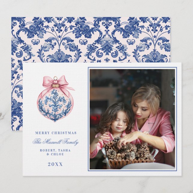 Rosa & Blau Grandmillennial Damask Foto Einladung (Vorne/Hinten)