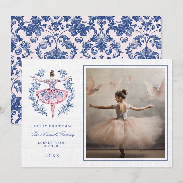 Rosa & Blau Grandmillennial Damask Foto Einladung (Vorne/Hinten)