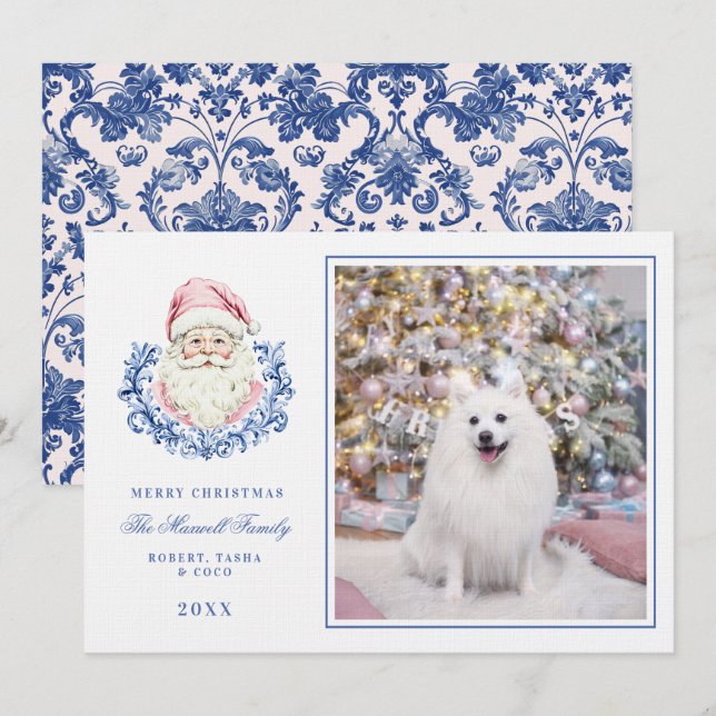 Rosa & Blau Grandmillennial Damask Santa W/Foto Einladung (Vorne/Hinten)