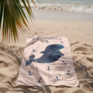 Rosa Blau Navy Anker Süß Kawaii Wal Maritim Strandtuch