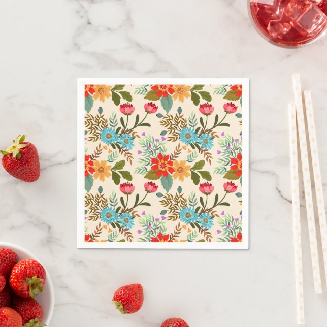 Rosa Blau Orangefarbene Blätter Muster Party Serviette (Beispiel)