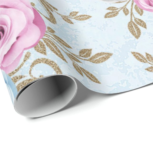 Rosa Blau Rose Gold Damask Antonietta Geschenkpapier (Rolleneckpunkt)