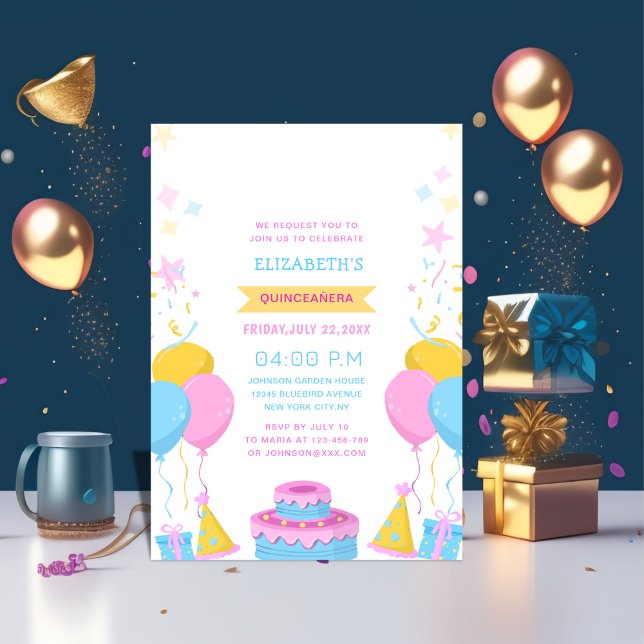 rosa blau und gelb lebendig, farbenfroh quinceañer einladung (Von Creator hochgeladen)