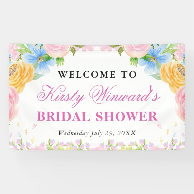 Rosa, Blau und Gelb Sommer Blume Brautparty Banner (Horizontal)