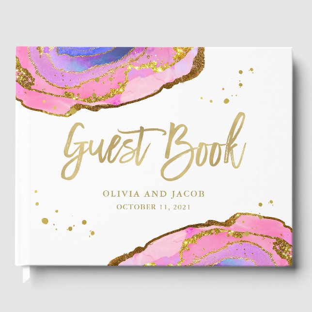 Rosa Blau und Gold Geode | Hochzeit Gästebuch (Vorderseite)