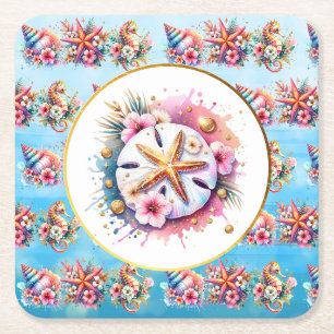Rosa, Blau und Gold Küsten Sanddollar Strandleben Rechteckiger Pappuntersetzer