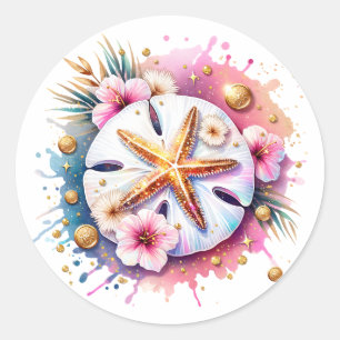 Rosa, Blau und Gold Küsten Sanddollar Strandleben Runder Aufkleber