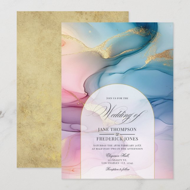 Rosa, blau und goldfarbener Alkohol Tinte Elegance Einladung (Vorne/Hinten)