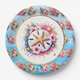 Rosa, blau und goldfarbener Sandstrand Pappteller