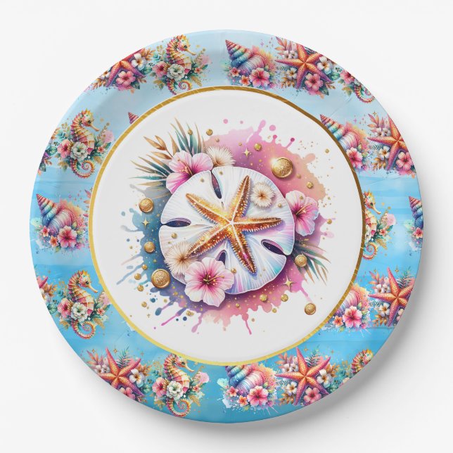 Rosa, blau und goldfarbener Sandstrand Pappteller (Vorderseite)