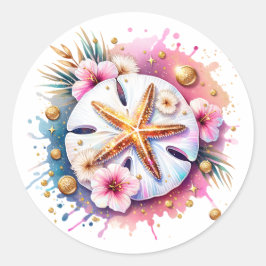 Rosa, blau und goldfarbener Sandstrand Runder Aufkleber