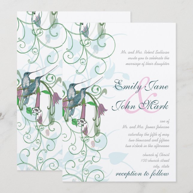 Rosa Blau und Grün Hummingbird Hochzeitseinladunge Einladung (Vorne/Hinten)