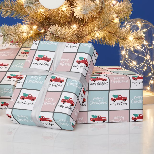 Rosa, blau und weiß Frohe Weihnachtswagen Geschenkpapier (Feiertage)