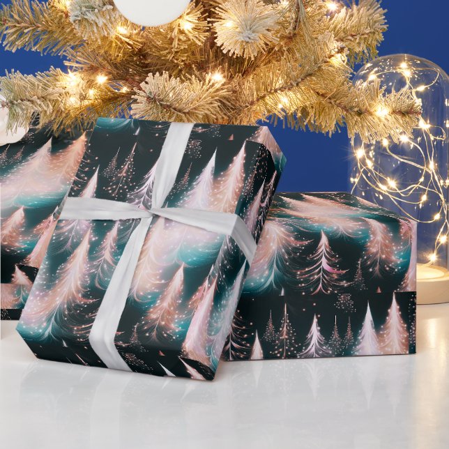 Rosa Blau und weiße Goldbäume Moderne Weihnachten Geschenkpapier (Feiertage)