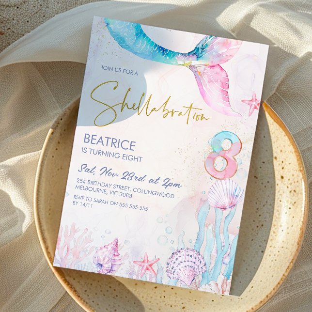 Rosa Blau unter dem Meeresschellabrat 8. Geburtsta Einladung (Let's Shellabrate 8th Birthday Invitation Mermaid Tail Under the Sea, Seashells Pink Blue Whimsical)
