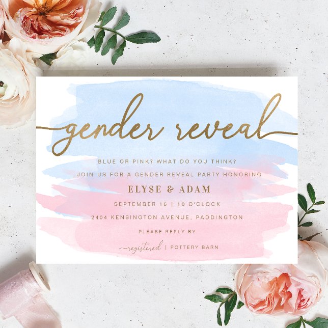 Rosa & Blau Wasserfarben Gold-Gender-Enthüllung la Einladung (Gender Reveal Invitation Pink Blue Watercolour Gold )