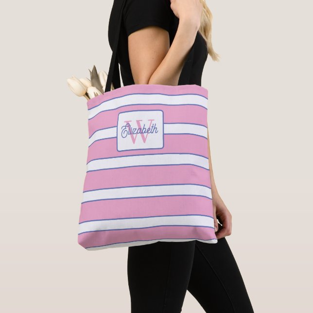 Rosa-blau-weiß gestreiftes Monogramm im Prep-Stil Tasche (Von Nahem)
