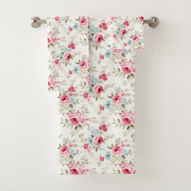 Rosa Blau Weiße Blume Shabby Chic Badhandtuch Set (Insitu)