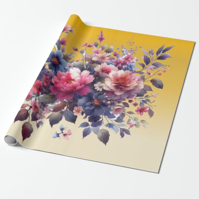 Rosa blaue Aquarellfarben Abstrakte Blume Gold Geschenkpapier (Ungerollt)