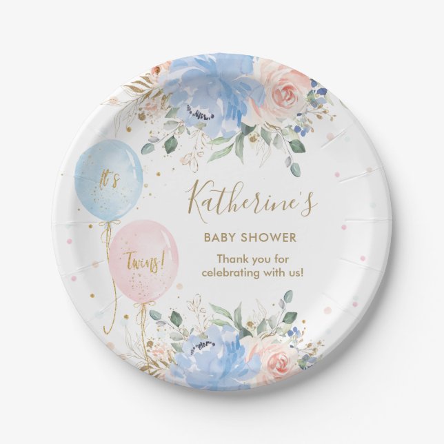 Rosa blaue Balloons Blüte Es ist Twins Baby Dusche Pappteller (Vorderseite)
