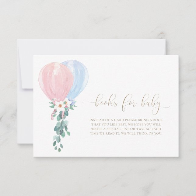 Rosa blaue Balloons Bücher für Babyanfrage Einladung (Vorderseite)
