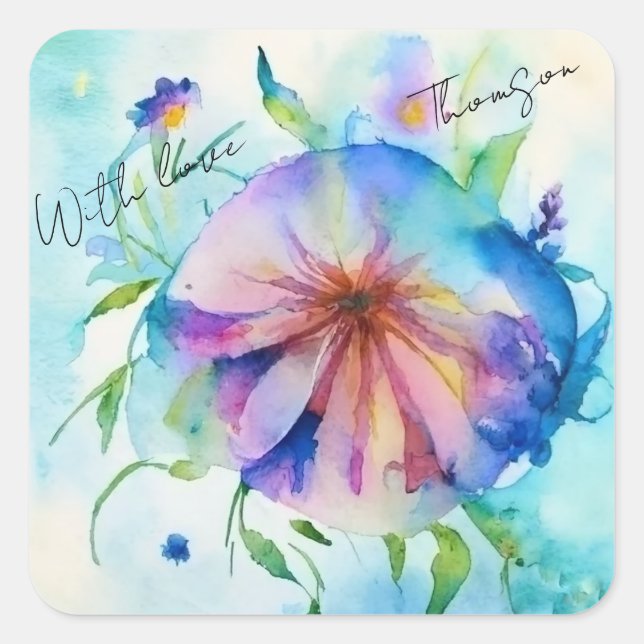 Rosa, blaue Bindweed-Blume, Aquarellfarbe, Quadratischer Aufkleber (Vorderseite)