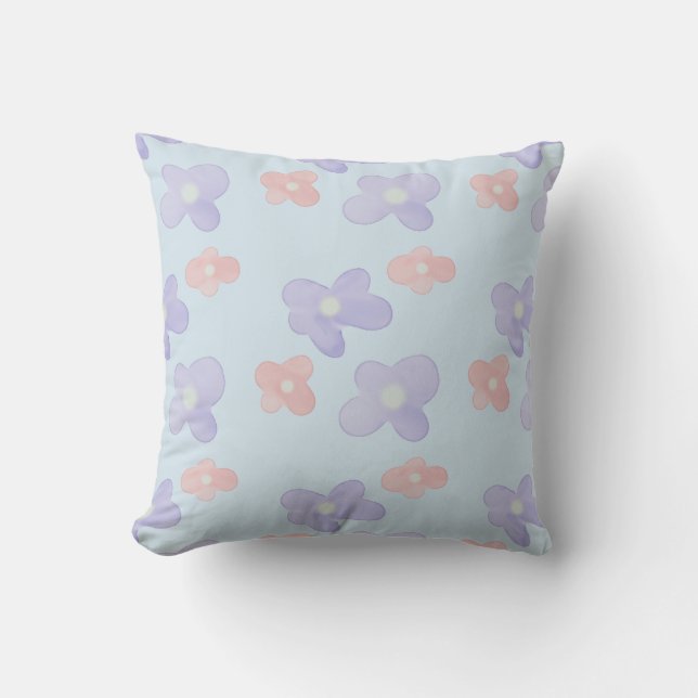 Rosa blaue Blumen auf Pastellblau Kissen (Vorderseite)