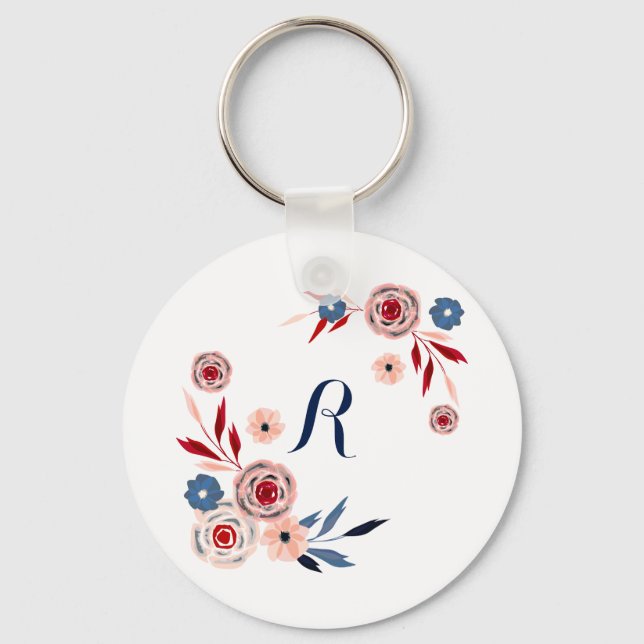 Rosa, blaue Blumen, Blumenmuster, personalisiert Schlüsselanhänger (Vorderseite)