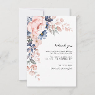 Rosa blaue Blumen-Script-Brautparty Dankeskarte
