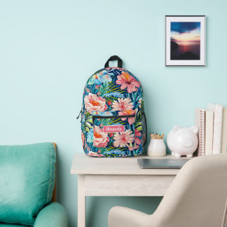 Rosa blaue Blumen Zurück zur Schule Botanisches Mu Bedruckter Rucksack