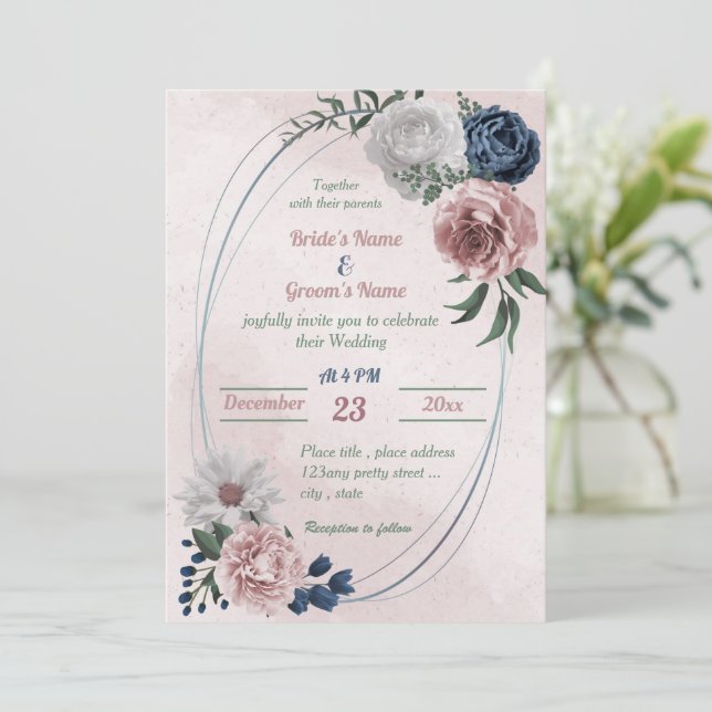 Rosa blaue Blumengrün geometrische Hochzeit Einladung (Stehend Vorderseite)