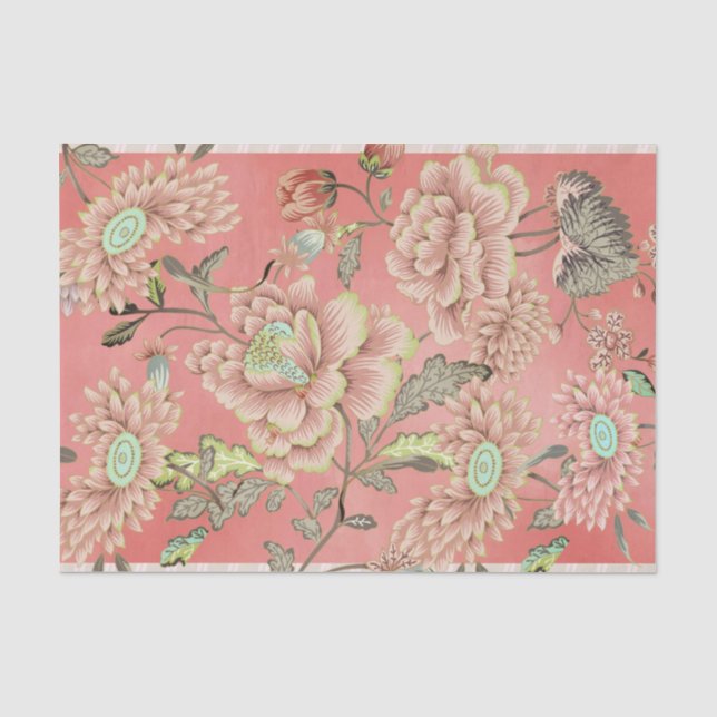Rosa blaue Blüten auf Korallenobergrundpapier Seidenpapier (Vorderseite)