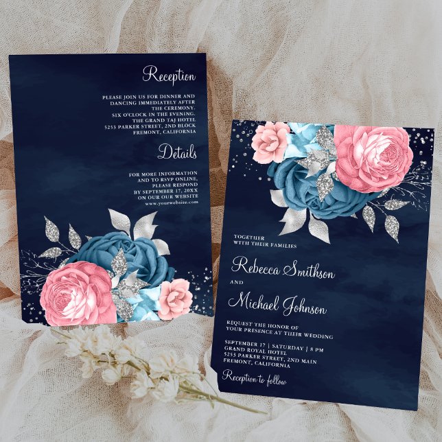 Rosa blaue Blütenblume Alles in einer Marinehochze Einladung (Von Creator hochgeladen)
